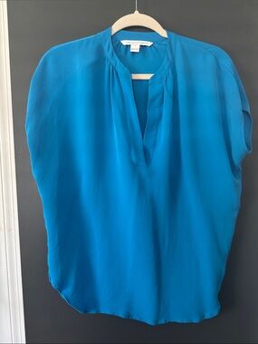 Diane Vin Furstenberg Turquoise Split V-Neck Blouse